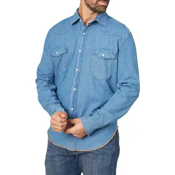 Men's OEM Denim Shirt Washed Light Blue Custom Casual Button Jean Long Sleeve Turn Down Shirts