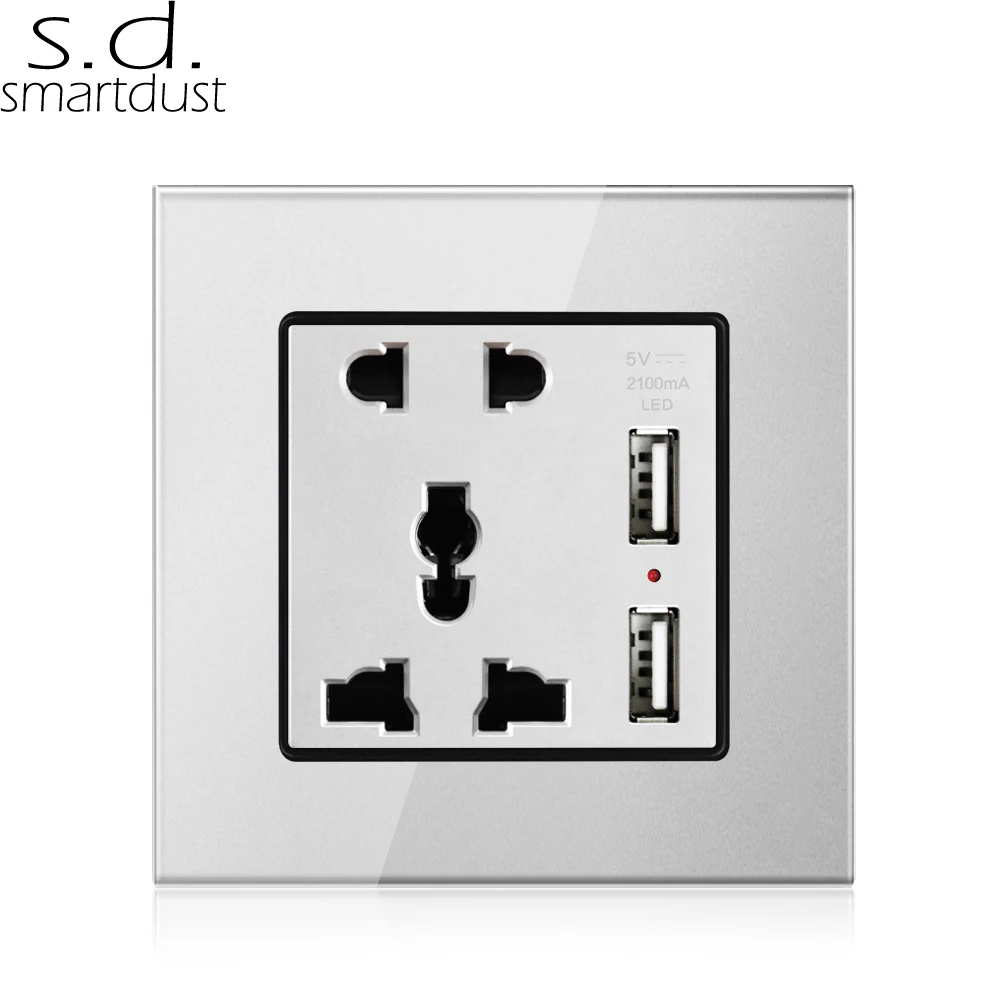 Universal 5 Pin Outlet Plug 10A Compatible WIFI Glass Panel Electric Multi Socket Wall Socket With 2 USB Ports