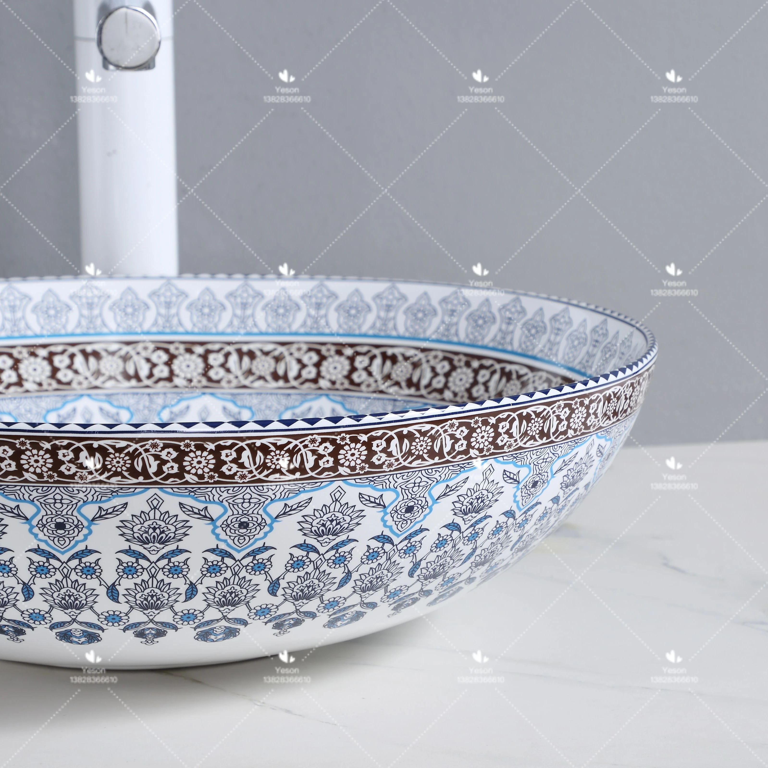 Full Flower Pattern Round Shape Porcelain Countertop Hand Wash Basin Ceramic Table Top Lavabo Art Sink for Bathroom