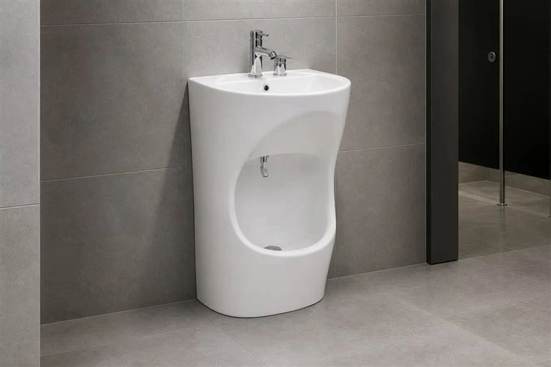 info-1-1 Monolith-style white ceramic wudu basin in a durable university washroom