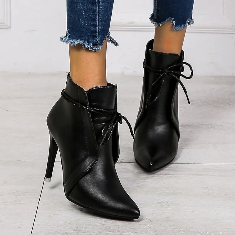 New Winter Autumn Black Stiletto Boot Leather Pointed Toe Ladies Boots ...