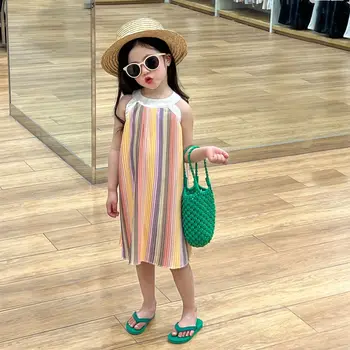 2024 Summer style Children's wear new product Girls' vertical stripes crumpled halter vest dress sleeveless dress