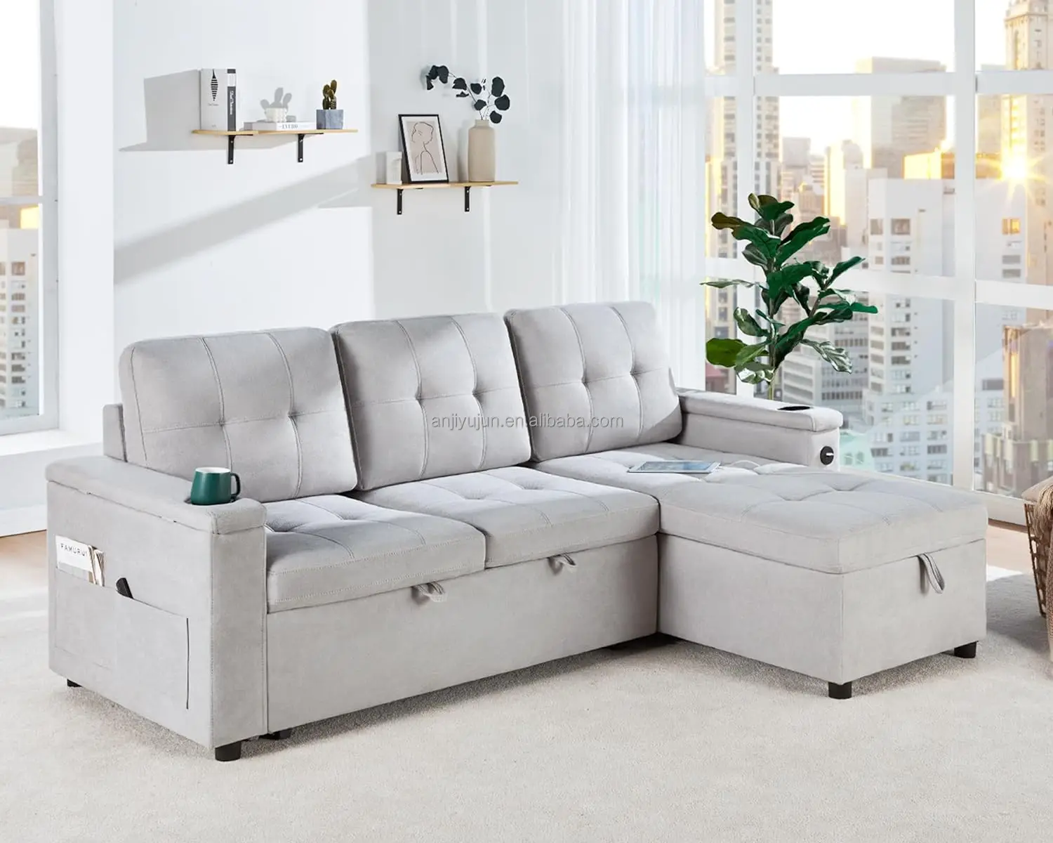 Pull Out Couch Bed with Storage Chaise - Multi-functional