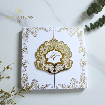 Luxury bronzing pattern initials with pocket laser cutting golden acrylic paper craft Customized Acrylic wedding Invitation