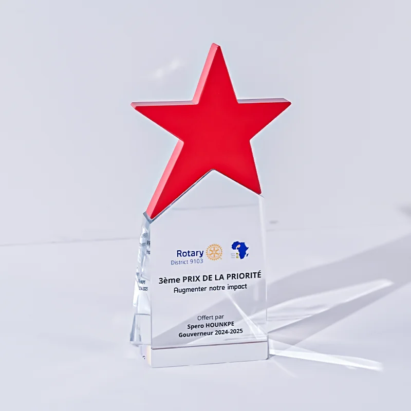 product new arrival custom crystal glass trophy and crystal award plaque personalized business souvenir with metal colorful star trophy-2