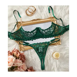 BOON Cross-border New Arrival Green Lace Openwork Spandex/Polyester Lingerie Set Seductive Sensual Body-hugging Temptation