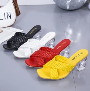 Summer 2026 New Style Woven Cross-strip Crystal Square-toe Women's Heeled Sandals