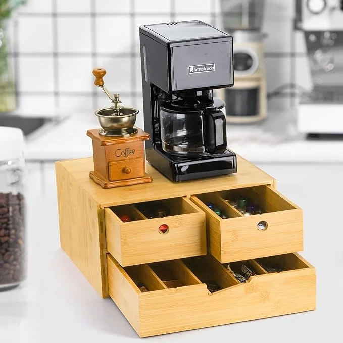 JQ Multi-Functional Bamboo Tea Box Coffee Capsule Holder Tea Bag Organizer Box with Sliding Drawer & Divider