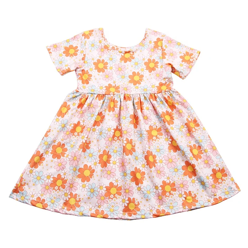 Детская одежда для девочек с цветочным принтом и короткими рукавами; Платье; Оптовая продажа; Летняя детская рисунком рукава-крылышки