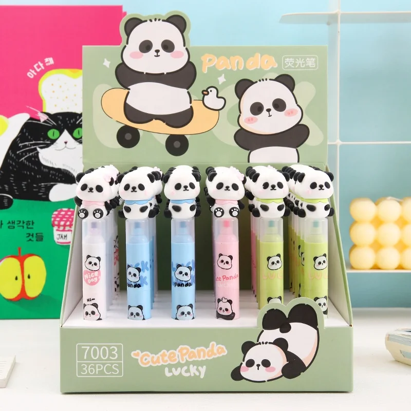 6 Surligneurs Pastel Design Panda Mignon - Pointe Biseau - Couleurs Vives - Longueur 8,5 Cm - 11