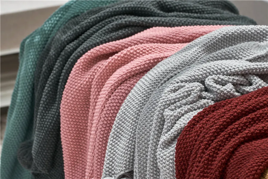 Акриловое одеяло на заказ, мягкое вязаное Флисовое одеяло с помпоном ABB01