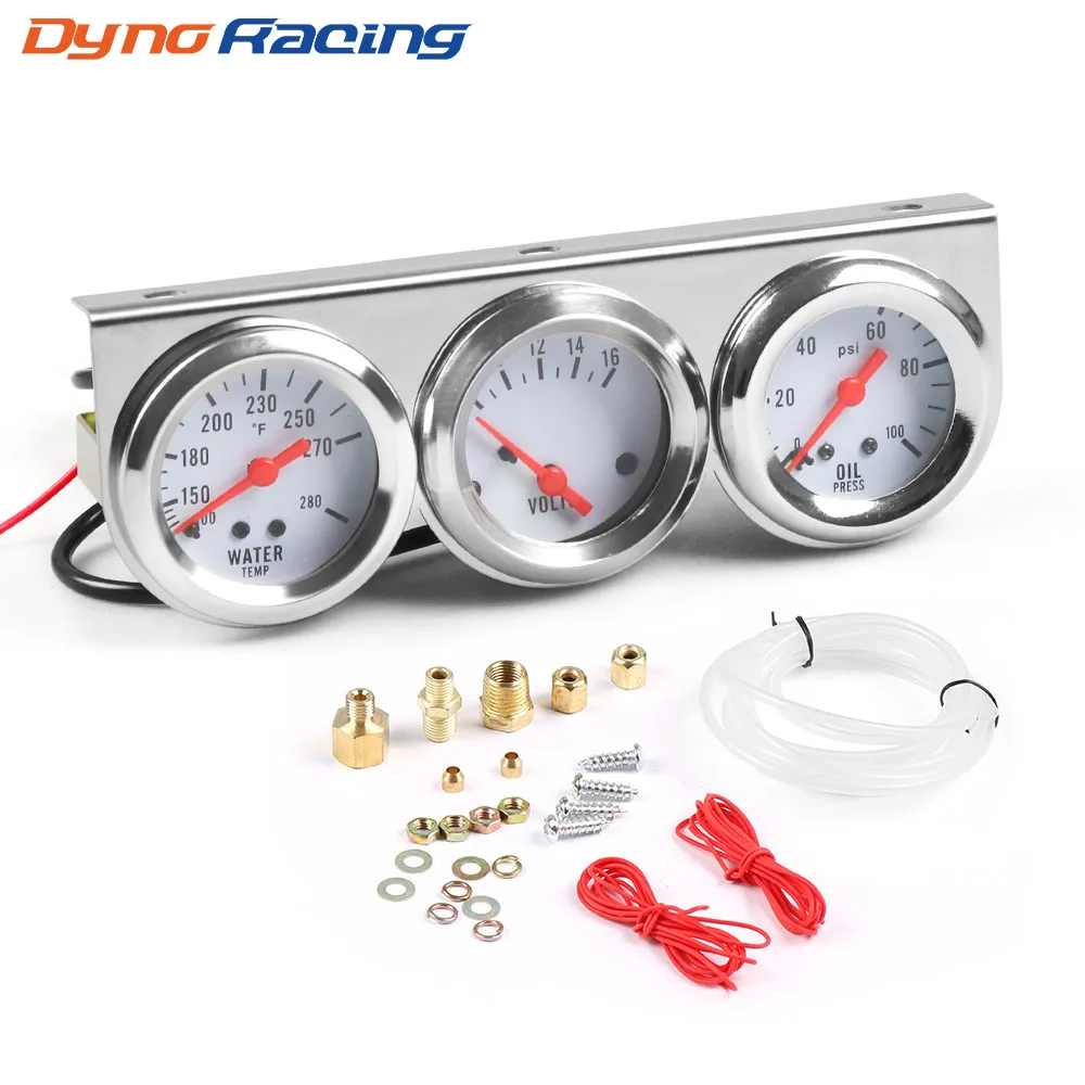 Chrome 2inch 52MM Triple Gauge Kit Volt Meter Water Temp Temperature Gauge Oil Press Pressure Gauge Car Meter