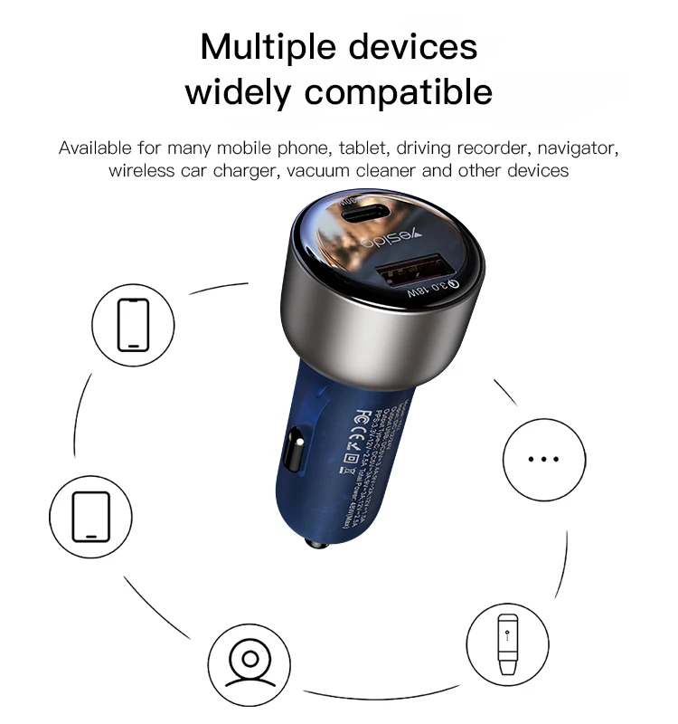 Yesido 48W Usb+Type-C Dual Port Support QC3.0 Safe Fast Charging Translucent Design Aluminium Alloy Car Charger