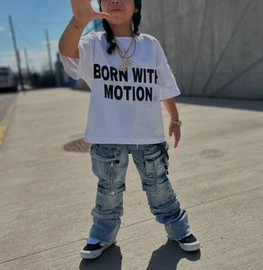 Hip Hop Custom Oversized Boxy Tshirt and Acid Washed Stacked Jeans Boys Girls Custom Clothing Sets Knit 100% Cotton