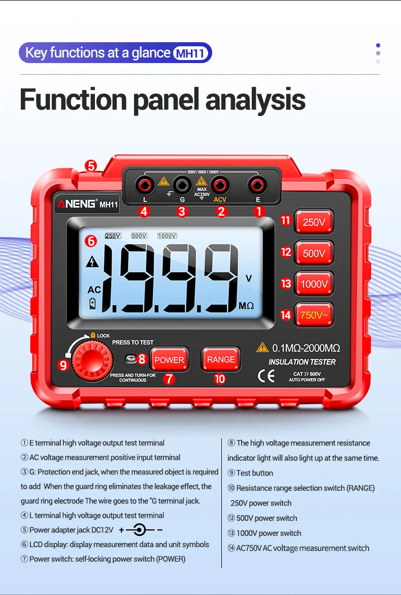 ANENG MH11 Insulation Earth Resistance Tester Digital Ground Resistance Meter Ohm Voltage Tester Megohmmeter 1999 Count