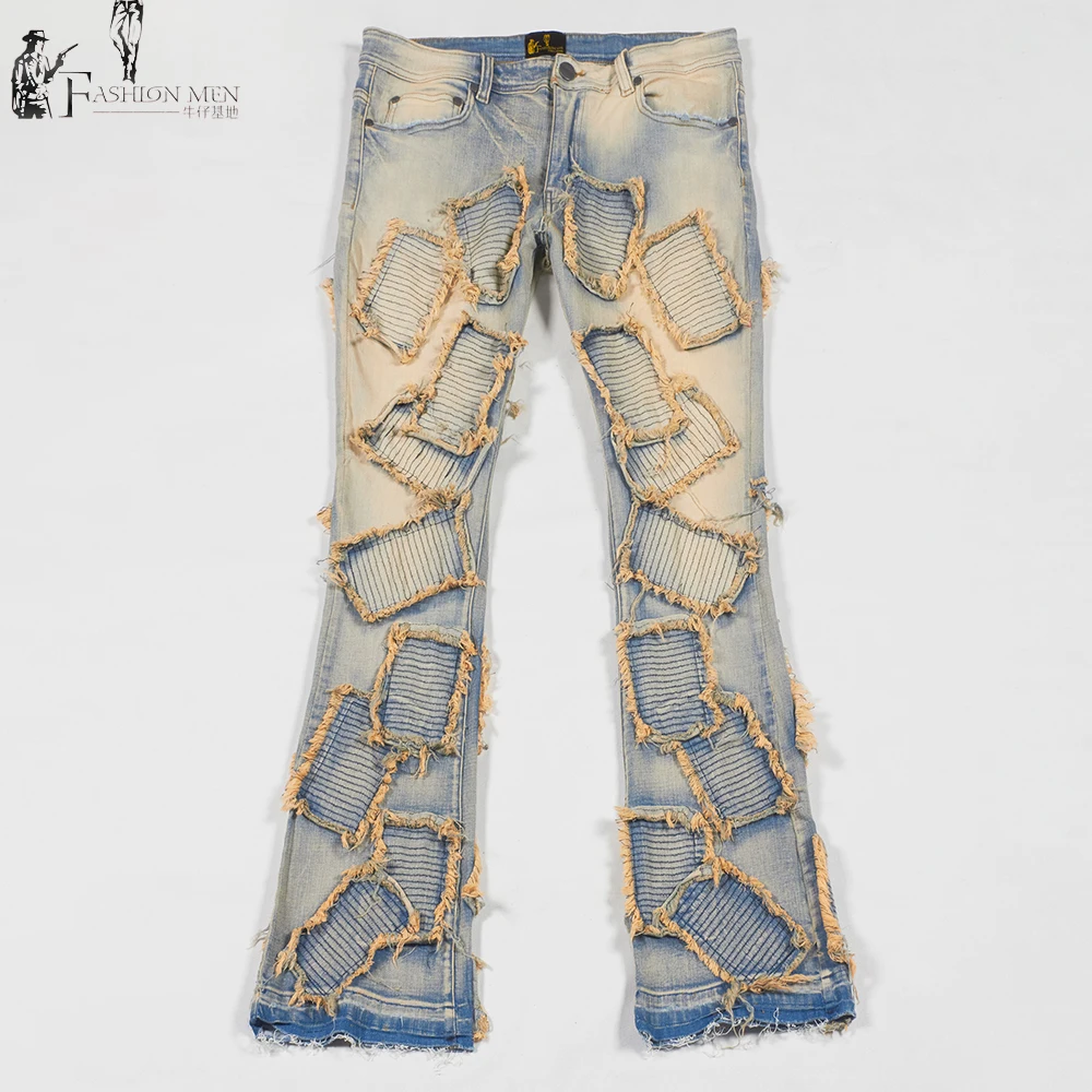 Custom Denim Factory Flared Pants Jeans Men's Distressed Wash Jeans Men