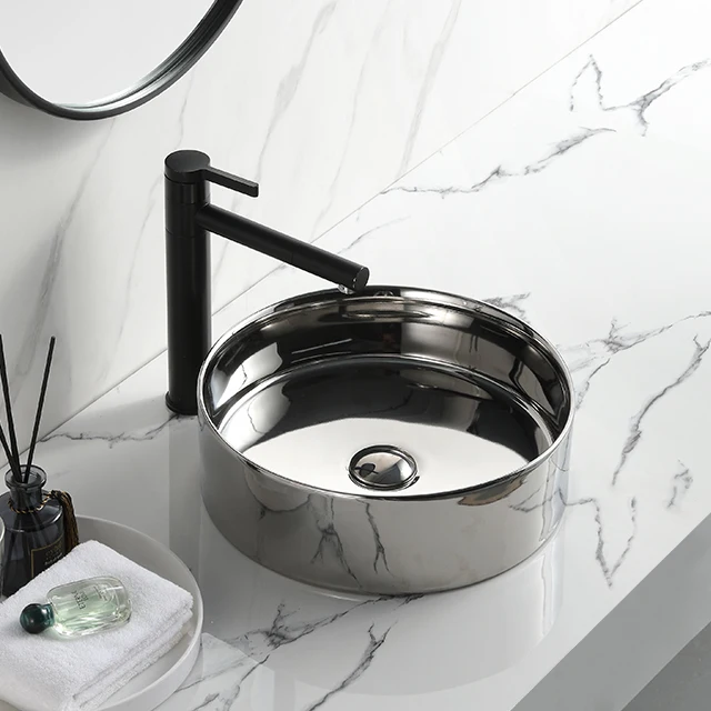 Luxury Bathroom Ceramic Washbasin Countertop Artistic Basin Matt Silver Small Wash Basin Round Sink