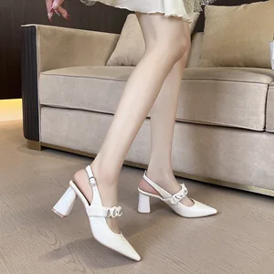 OEM/ODMFrench Temperament One-character Pointed High-heeled Buckle Strap Thin Heeled 6-8cm Women's Baotou Sandals Silver