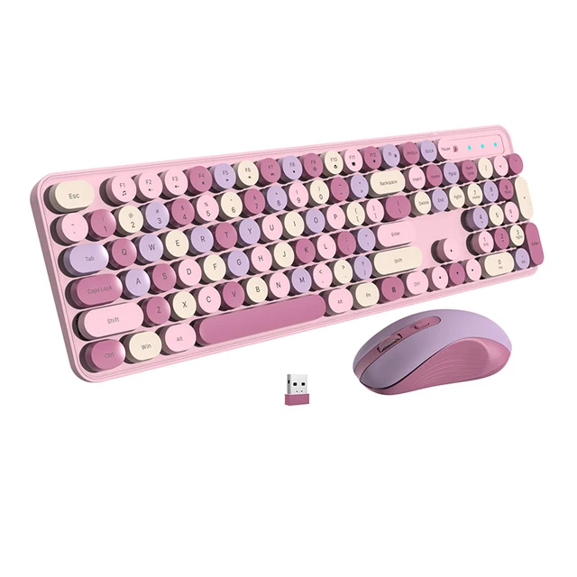 Full-Sized Pink Typewriter Wireless Keyboard and Mouse Set with Round Keycaps 2.4G Cute Silent Keyboard Mouse Combo