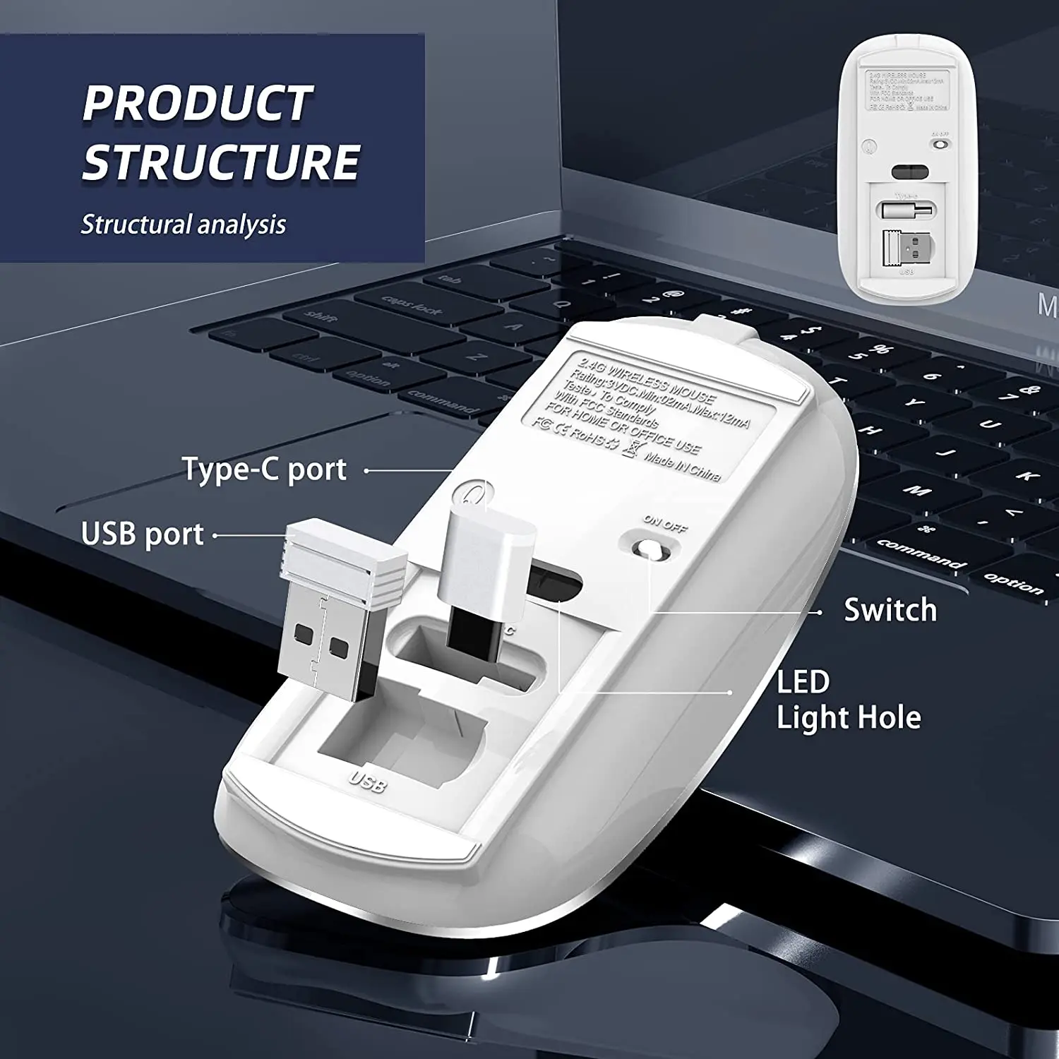 Mouse Wireless Ricaricabile Ultrasottile 2.4 GHz + Bluetooth - Silenzioso Con RGB LED