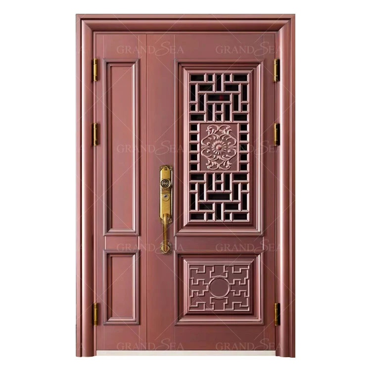 Modern Ventilation Window Design Red Copper Color Anti Theft Security Steel Door for Villa Front Entrance Main Door