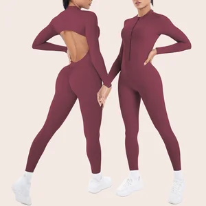 Long Sleeved Sports Jumpsuit High Strength Hollow Back Fitness Jumpsuit with Zipper for Running & Yoga