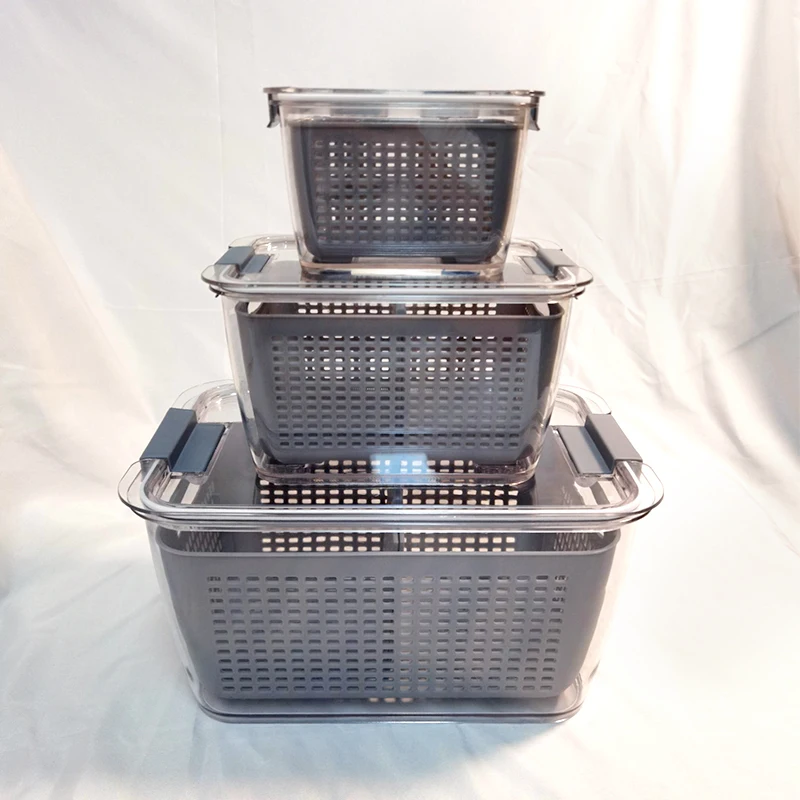 3PCS Set Fruit and Vegetable Drain Basket Preservation Box Refrigerator Organizer Bin Plastic Stackable Fridge Storage Container