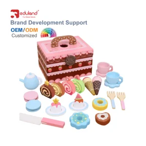 Wooden House Role Play Kitchen & Food Toys Set-Girls' Afternoon Tea Pretend Games with Donut Cake & Tea Pretend Cutting Included