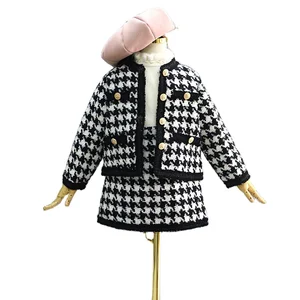Autumn Winter Girls 2-Piece Sets Kilobirdie Plaid Jacket and Skirt Outfits Short Skirt and Cardigan Set Clothes for Children