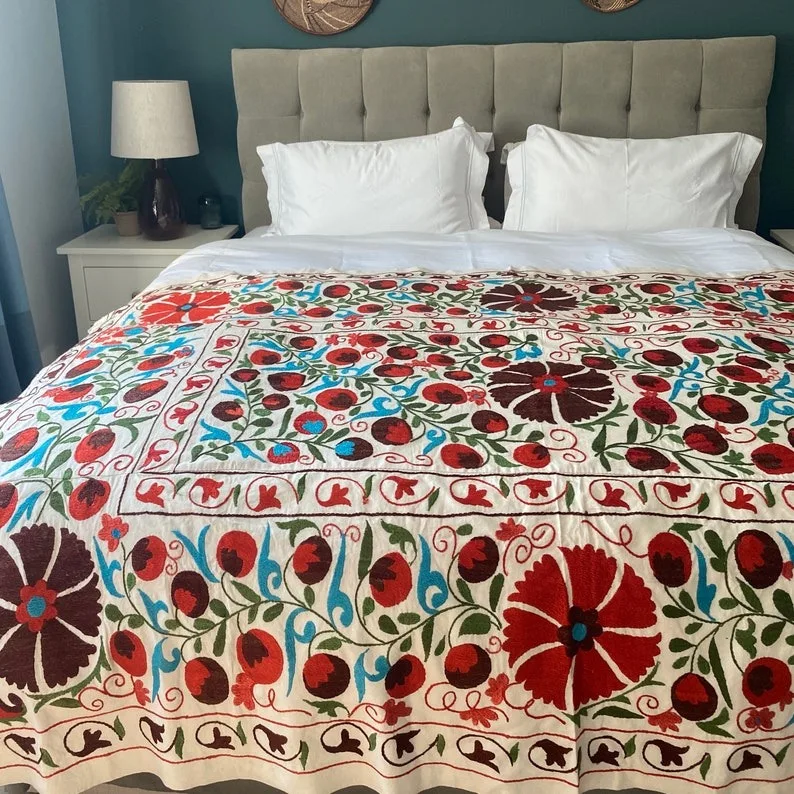 Tenture Murale Suzani Indienne - Tapisserie Drap De Lit 60x90 Pouces - Broderie Grise