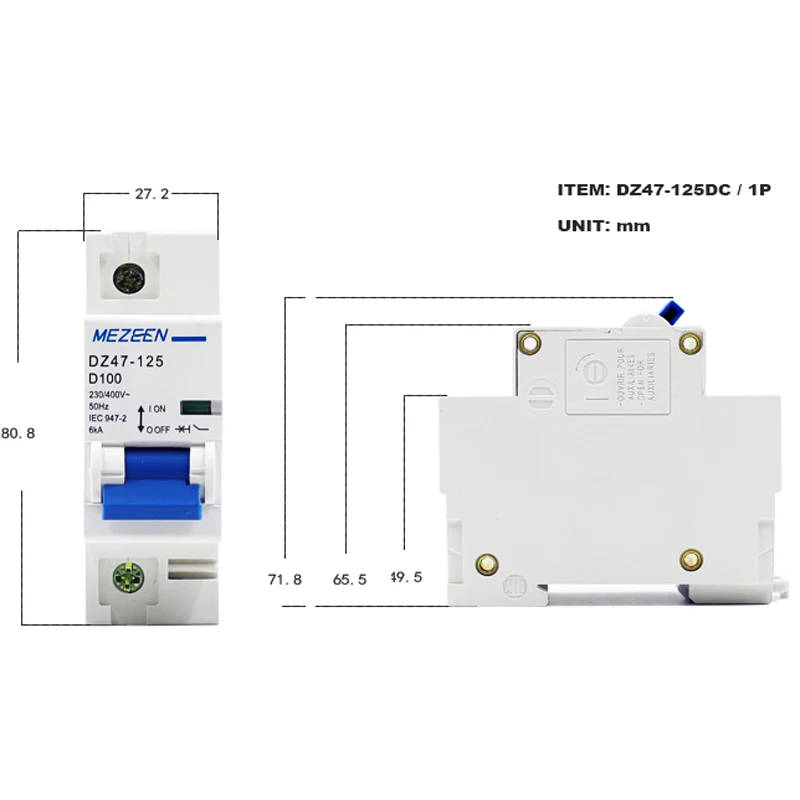 Single Phase Change Over MCB C45N AC DC MCB 1P 80A 100A 125A 10kA DC Solar MCB Breaker