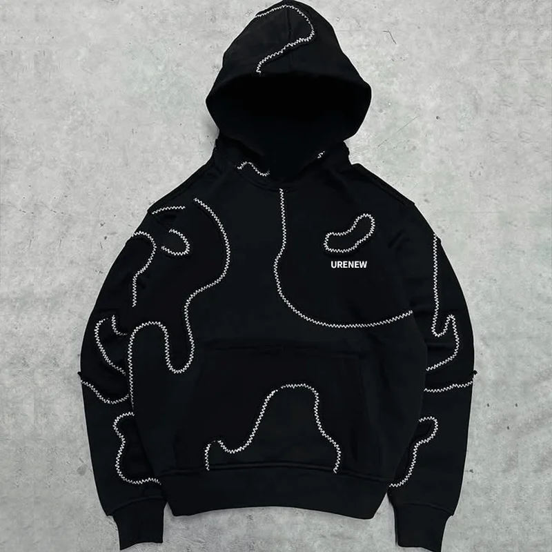 OEM Custom Embroidery Patch Sweatsuit Wash Vintage Hoodie Distressed Embroidery Straight Leg Flared Sweatpants and Hoodie Set gallery 4