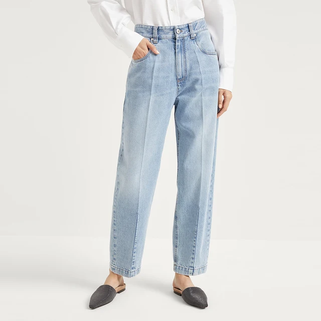 Women's Casual Style Straight Wide Design Faded Look Jeans 100% Cotton Exquisite Details 30° Wash Line Dry Breathable Waist