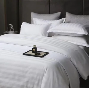 Modern White Stripe Organic Eco-Friendly 240tc Hotel Linen 4-Piece Cotton Bedding Set Soft Breathable Bed Sheets Duvet