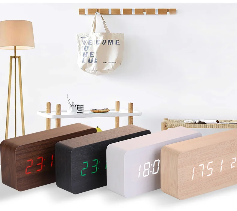 Custom Personalized Logo Led Digital Calendar Day Rectangle Multifunction Snooze Light Wooden Craft Alarm Clock