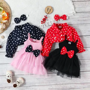 European Ins Cotton 3pcs Set Toddlers Girls Single Breasted Long Sleeve Top Polka Dot Lapel Halter Bow Skirt Clothes for Kis