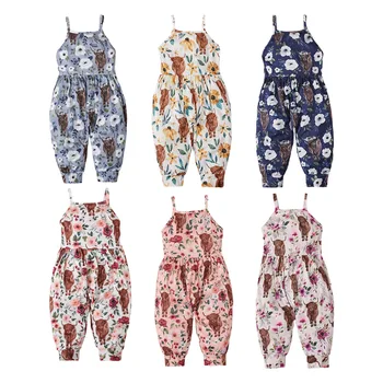 European and American summer girls' Ranch cow pattern printing off-the-shoulder strap jumpsuit children's clothing ins