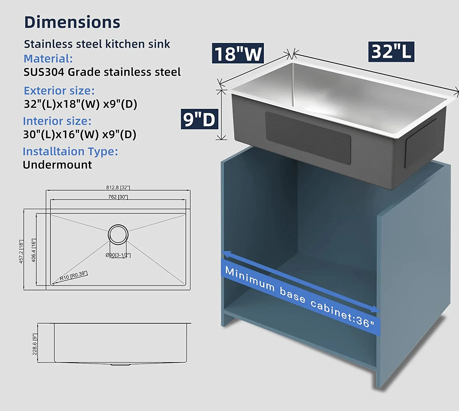 Hot Selling Kitchen Handmade Large Single Basin Stainless Steel 304