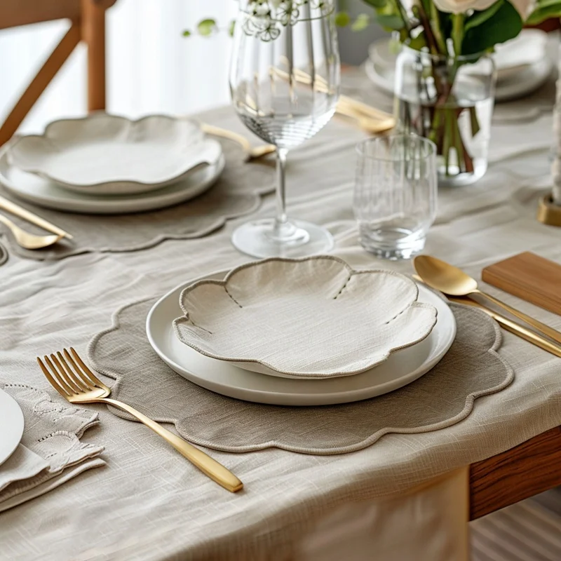 Woven Embroidered Round Wedding Linen Table Placemat Scallop For Dining