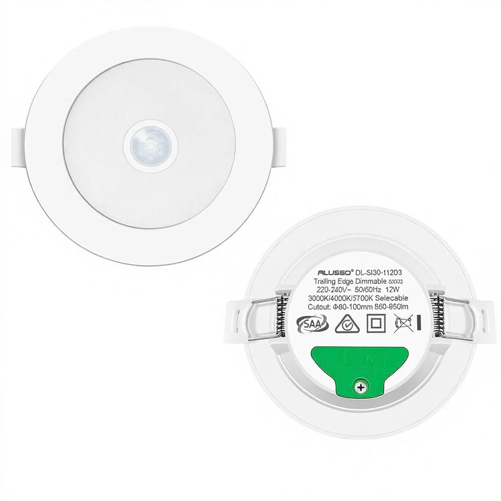ALUSSO inbyggd LED-spotlight med rörelsesensor, 12 W, 950 lm, IP44, 3 färgtemperaturer: varmt vitt 3000 K, neutralt vitt 4000 K, kallt vitt 6500 K, vattenbeständig