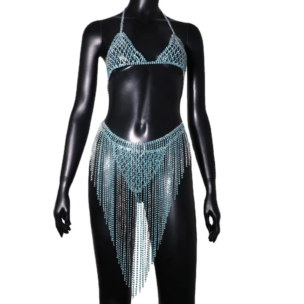 Seductive Body Chain Set with Blue Crystal - Nightclub Bikini Bra, Shorts, Skirt, and Body Jewelry for Women