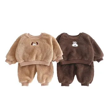 Children's clothes cartoon winter home clothes thick double-sided fleece baby boys clothing two-piece baby suit