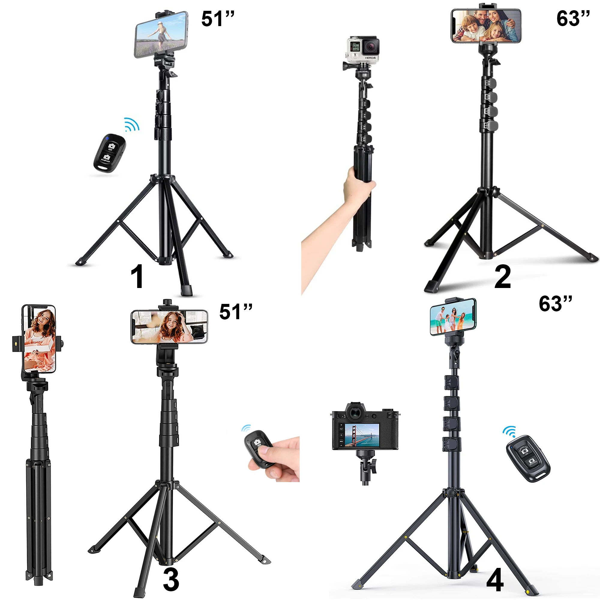 Phone Tripod, 63-inch Selfie Stick Tripod Compatible with  iPhone/Camera/GoPro/Webcam, Lightweight Travel Phone Tripod with Phone  Holder Mount/Wireless