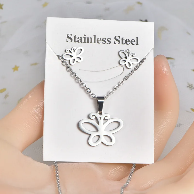 Butterfly Necklace & Earrings Set - Stainless Steel Tree Of Life Jewelry, Hypoallergenic Gift For Women & Girls