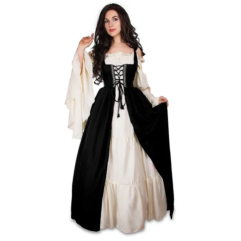 Halloween Costume Square Neck Laced-Up Corset Retro A-Line Casual Dress  Vintage Medieval Literary Artistic Style Floor-Length