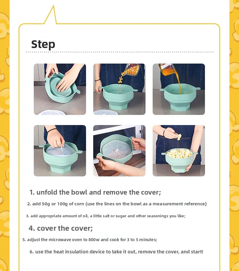Modern Eco-Friendly Microwave Popcorn Popper Maker Foldable Silicone Bowl Big Capacity Lid Polished DIY Collapsible Popper Bowl details