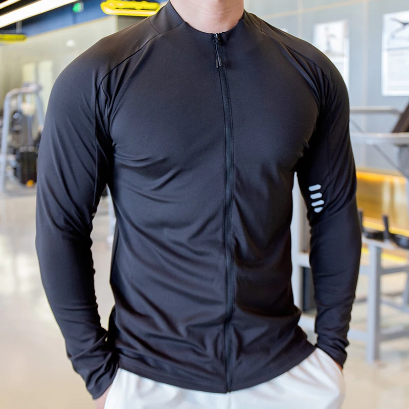 Men Zipper Elastic Quick Dry Running Hoodie Jackets Fitness Gym Sports Stand Collar Clothing Sport Top Sportswear Utility Jacket