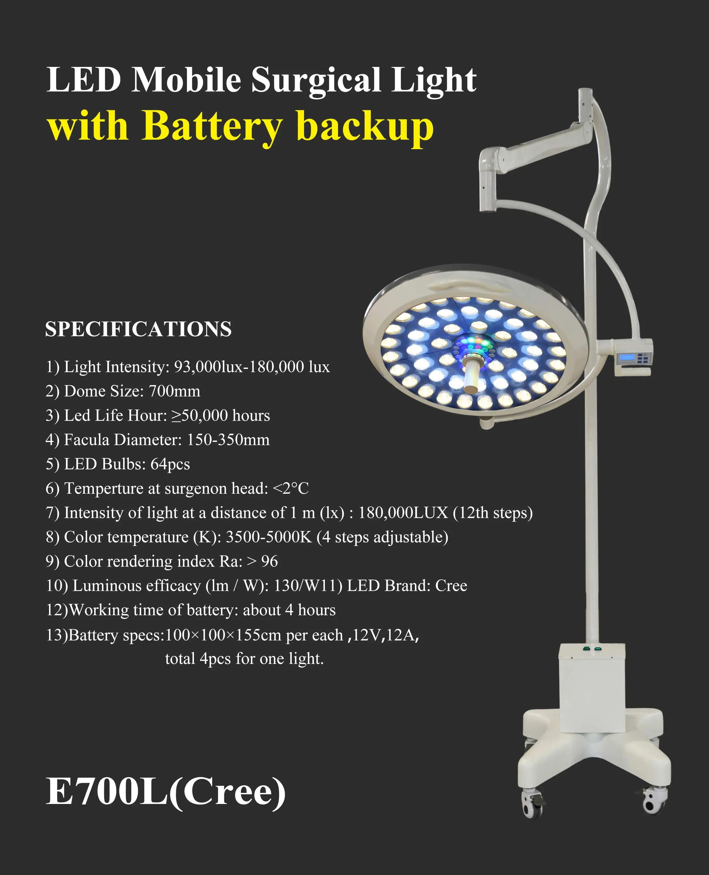 MICARE Multi-Color E700L Mobile LED Surgery Shadowless operating surgical lamp operation theatre OT light LED Lamp portable details