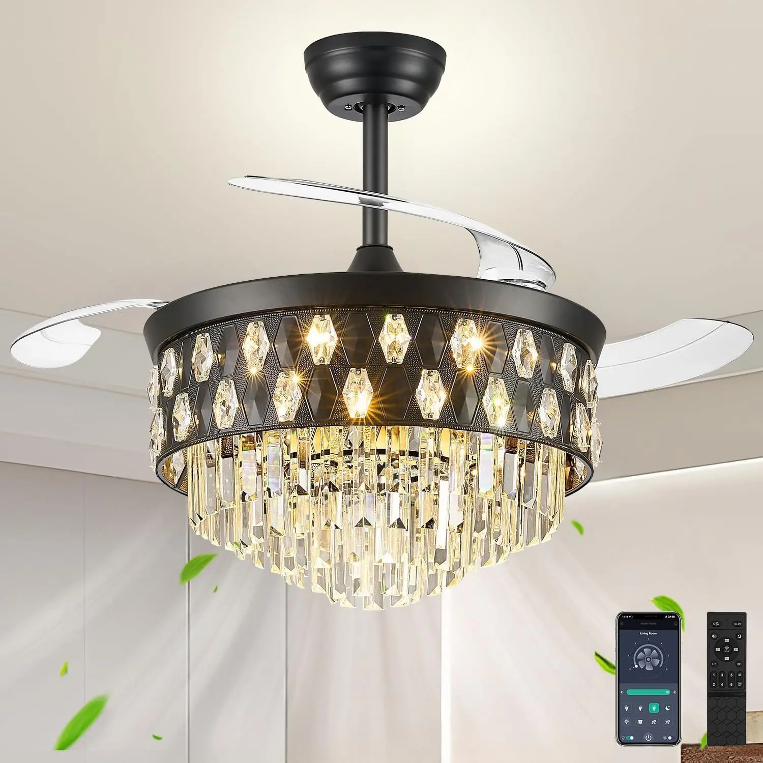 مروحة معلقة LED قابلة للتعديل بحجم 42 بوصة، لون أسود، محرك قابل للعكس، سرعات الهواء 6، قابلة للسحب، مناسبة لغرف النوم وغرف المعيشة في المنزل