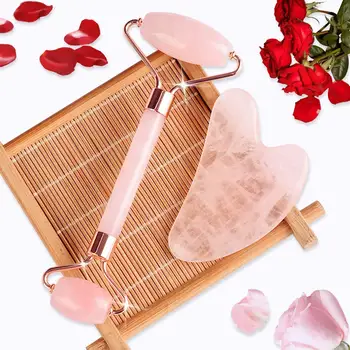 15%off Private Label Pink Rose Quartz Facial Scraping Massager Stone Tools 100% Natural Jade Roller Gua Sha Set
